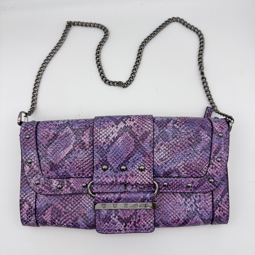 Guess Y2K Shoulder Bag Snakeskin Purple Faux Leather Chain Strap Studded 2000s